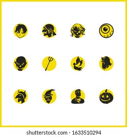 Holiday icons set with superhero, pumpkinhead and zombie girl elements. Set of holiday icons and dead woman concept. Editable vector elements for logo app UI design.