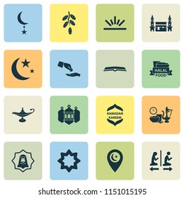 Holiday icons set with worship, kareem, rub el hizb and other octagonal star elements. Isolated vector illustration holiday icons.