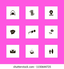 holiday icons. skiing, baggage cart, hotel location and sunglasses vector icons set