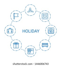 holiday icons. Trendy 8 holiday icons. Contain icons such as waterslide, gift, from toy for beach, flag, bench, present, luggage, date calendar. holiday icon for web and mobile.