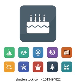 Holiday icons. vector collection filled holiday icons such as shine, calendar, clown, ferris wheel, cake, christmas tree, lounger, beach bag, starfish, palm