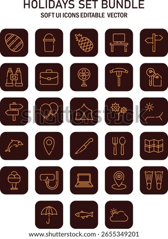 Holiday icons vector set collection for web, app and graphic design projects with travel and leisure themes presenting