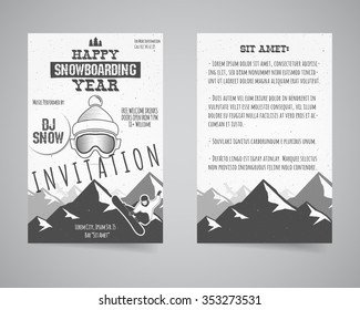 Holiday Identity templates. Christmas banner, business card, flyer design with xmas symbols - tree, snow. Winter party brochure layout. Snowboarding branding elements goggles, mountain. Vector.