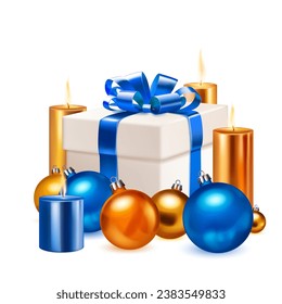 Holiday illustration with big gift box with ribbons and bow, several burning candles and Christmas ball on white background