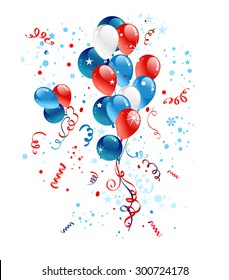 Holiday illustration. Blue, red and white balloons for festive advertising, leaflet, cards, invitation and so on.