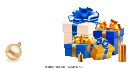 Holiday illustration with bunch of colored gift boxes with ribbons and bows, several burning candles and Christmas ball on white background