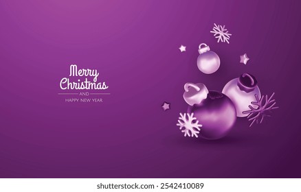 Holiday illustration with Christmas gift, snowflake and xmas decorations. New year and christmas greeting card. 3d render vector illustration.