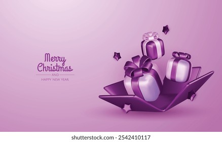 Holiday illustration with Christmas gift, snowflake and xmas decorations. New year and christmas greeting card. 3d render vector illustration.