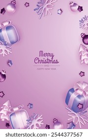 Holiday illustration with Christmas gift, snowflake and xmas decorations. New year and christmas greeting card. 3d render vector illustration.