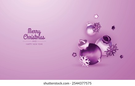 Ilustración de Festiva con regalo de Navidad, copo de nieve y decoraciones de Navidad. Año Nuevo y tarjeta de felicitación de Navidad. Ilustración vectorial de renderizado 3D.