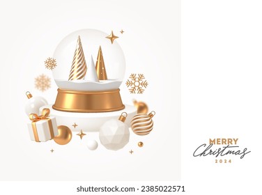 Ilustración navideña con decoraciones de oro navideño. Año nuevo y tarjeta de felicitación de navidad. Ilustración vectorial 3d.