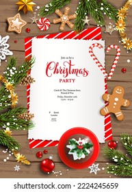 Holiday illustration with Christmas pudding, tinsel, candy cane, stars, snowflakes on wood background. Beautiful festive card template with place for text. Flat lay composition