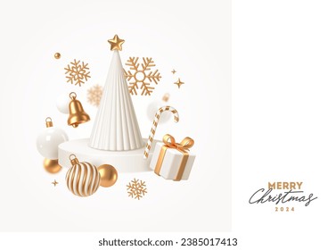 Holiday illustration with Christmas tree and golden decorations. New year and christmas greeting card. 3d render vector illustration.