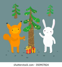Holiday illustration with a cute animals. Christmas card with nice cartoon character. Winter greeting card.