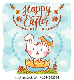 Holiday Illustration with cute Easter Bunny sitting in egg with flowers and lettering, calligraphy text on blue clouds background. Happy Easter. Hand drawn art in cartoon, doodle style