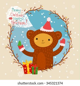 Holiday illustration with a cute monkey in red hat. Christmas card with nice cartoon character. Winter greeting card.