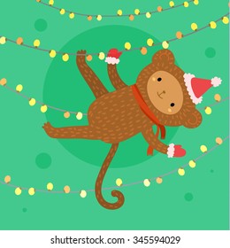 Holiday illustration with a cute monkey in red hat. Christmas card with nice cartoon character. Winter greeting card.