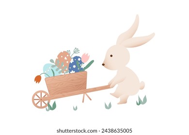 Holiday illustration. Easter bunny driving Easter eggs in a wheelbarrow. Illustration in retro style. Hand drawn. Vector illustration