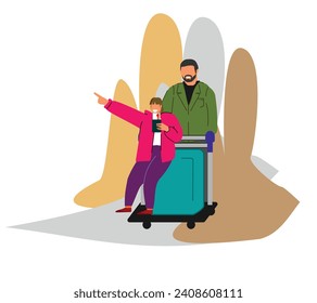 holiday illustration, father and daughter traveling with suitcases by plane, eps 10