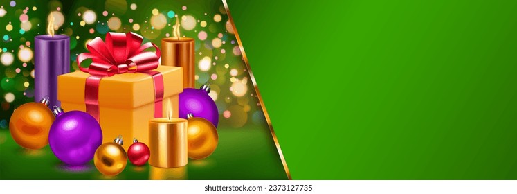 Holiday illustration with gift box with ribbons and bow, several burning candles and Christmas balls on a green blurred background with bokeh effect, golden strip and place for text