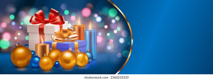 Holiday illustration with gift boxes with ribbons and bow, several burning candles, Christmas balls on a blurred background with bokeh effect, golden strip and place for text