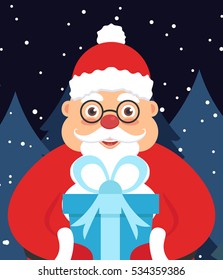 Holiday illustration greeting card for new year or Christmas. Santa Claus in the night in the hands with a gift. Vector illustration.