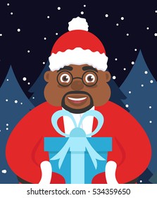 Holiday illustration greeting card for new year or Christmas. African Santa Claus in the night in the hands with a gift. Vector illustration.