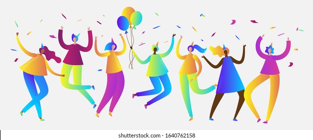 Holiday illustration with group of joyful people. Vector people in hats with confetti and balloons having fun 