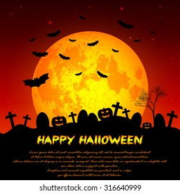 Holiday illustration for Halloween. Yellow moon in twilight on cemetery. Wishes for Happy Halloween. Trick or treat. Elements on moon of this illustration furnished by NASA. Vector illustration
