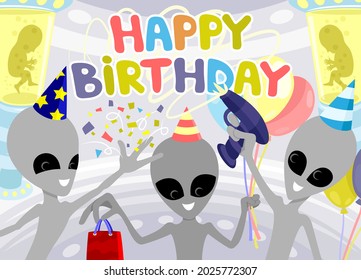 Holiday illustration for a happy birthday with funny extraterrestrial aliens.