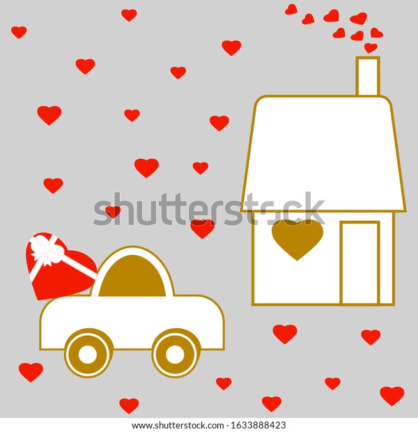 Holiday illustration with\
a house, a car with hearts on a gray background. Cute postcard\
template design.