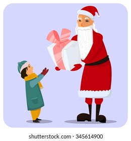 holiday illustration with kind santa, giving a big gift to a child
