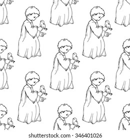 Holiday illustration. little angel with a bird. Christmas card. Seamless pattern