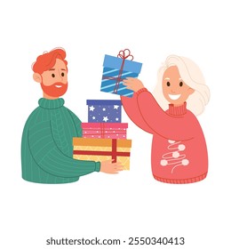 Holiday illustration of a man and woman exchanging colorful wrapped gifts. Ideal for Christmas, New Year, celebrations and holidays theme. Bright and cheerful cartoon style.