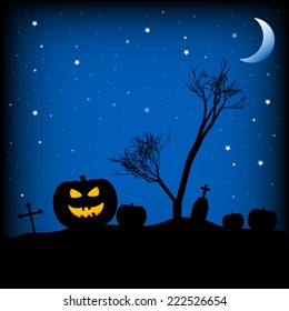 Holiday illustration on theme of Halloween. Dark night on cemetery. Trick or treat. Vector illustration