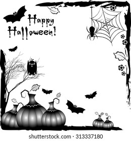 Holiday illustration on theme of Halloween. Black corner frames with pumpkins and bats. Black and white. Wishes for Happy Halloween. Trick or treat. Vector illustration