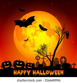 Holiday illustration on theme of Halloween. Yellow moon in night on cemetery. Wishes for Happy Halloween. Trick or treat. Elements on moon of this illustration furnished by NASA. Vector illustration