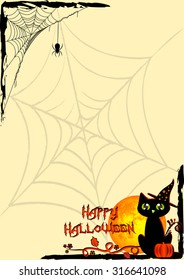 Holiday illustration on theme of Halloween. Corner frames with spider on web and black cat against yellow moon. Elements on moon of this illustration furnished by NASA. Vector illustration