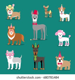 Holiday illustration for a party or birthday. Dogs in caps. Children's stylized picture.