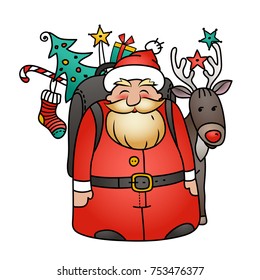 Holiday illustration with Santa Claus and reindeer. Santa with bag, Christmas tree , gifts , candy cane and Christmas decorations.