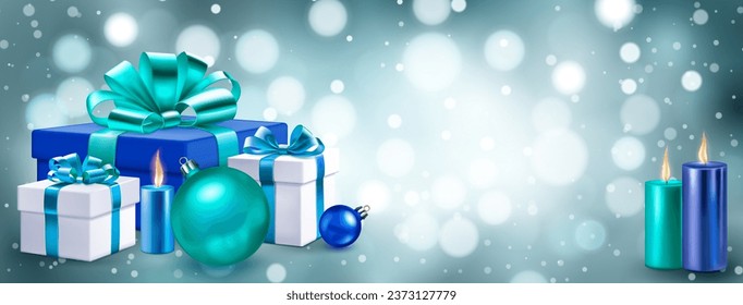 Holiday illustration with several colored gift boxes with ribbons and bows, burning candles and Christmas balls on a blurred background with bokeh effect in light blue colors