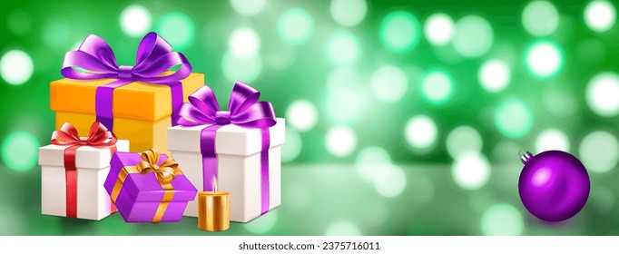 Holiday illustration with several colored gift boxes with ribbons and bows, burning candles and Christmas balls on a blurred background with bokeh effect in green colors