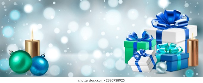 Holiday illustration with several colored gift boxes with ribbons and bows, burning candles and Christmas balls on a blurred background with bokeh effect in light blue colors