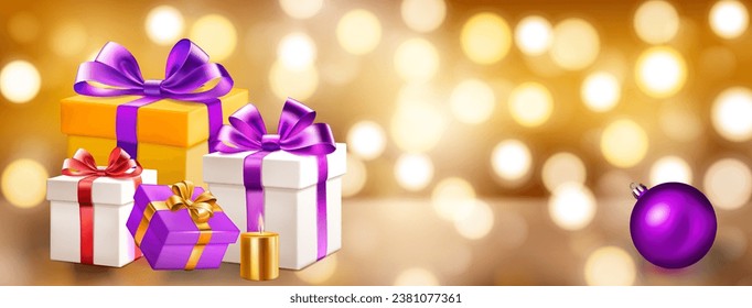 Holiday illustration with several colored gift boxes with ribbons and bows, burning candles and Christmas balls on a blurred background with bokeh effect in golden colors