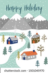 Holiday Illustration with snowy village landscpae