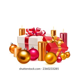 Holiday illustration with two colored gift boxes with ribbons and bows, several burning candles and Christmas balls on white background