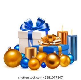 Holiday illustration with two colored gift boxes with ribbons and bows, several burning candles and Christmas balls on white background