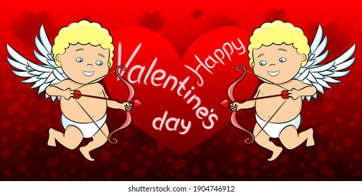 Holiday illustration for Valentines day with cupids and heart on red background.