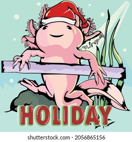 Holiday illustration, wearing red had, colorful text a cute baby lizard with funny attitude and a cute smile on its face.