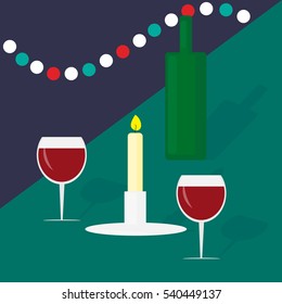 Holiday illustration. Wine glasses, wine and a candle. Flat design.